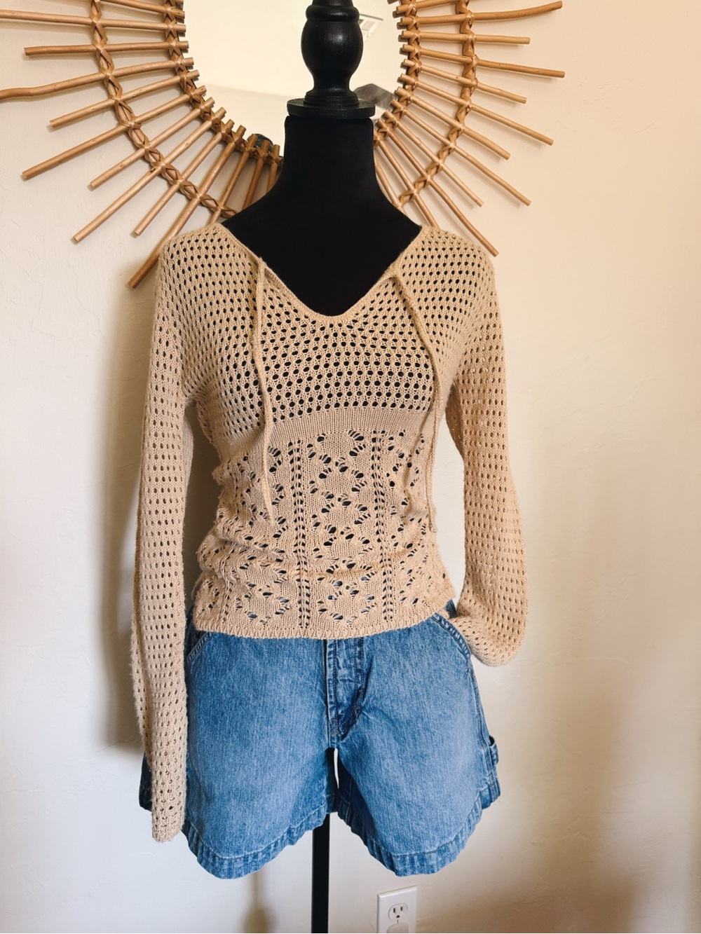 Xhilaration Beige Open-Knit V-Neck Drawstring Sweater